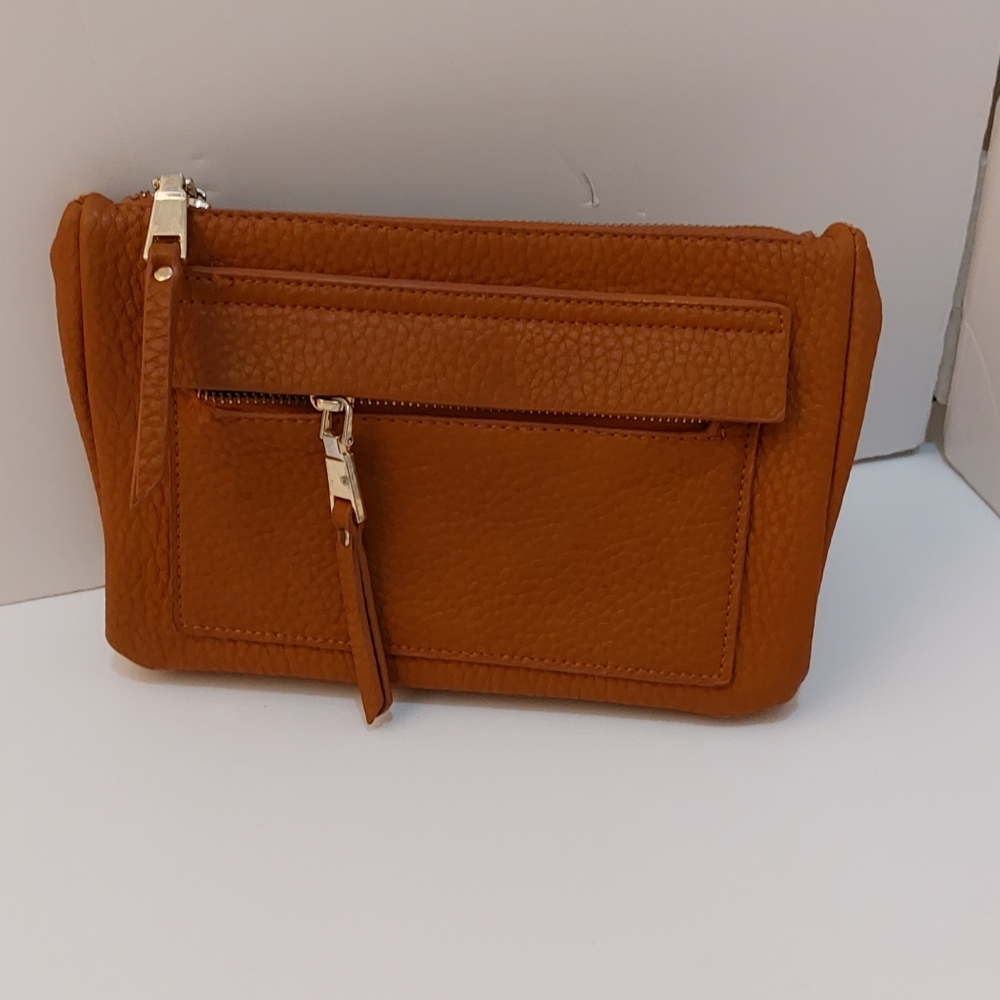 Saddle Brown Clutch Purse With Zippered Pockets Front & Back